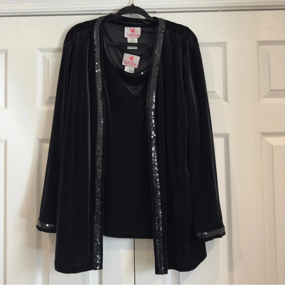 Quacker Factory Velvet Velour 2 Piece Cardigan And Tank Set Black Women Size 1X